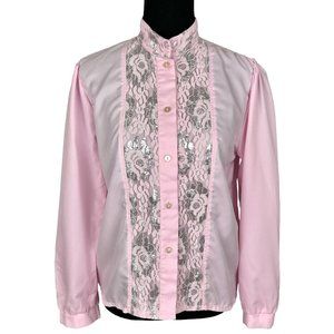 Vintage 70s Pink Floral Lace Blouse
